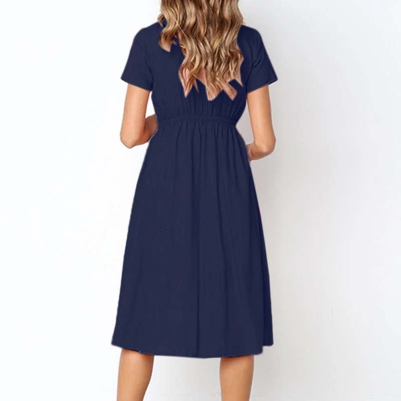 Women's Sexy Summer Dresses 2019 Boho Short Sleeve Button Solid Midi Dress Sundress With Pockets Lady Beach Party Dress Vestidos