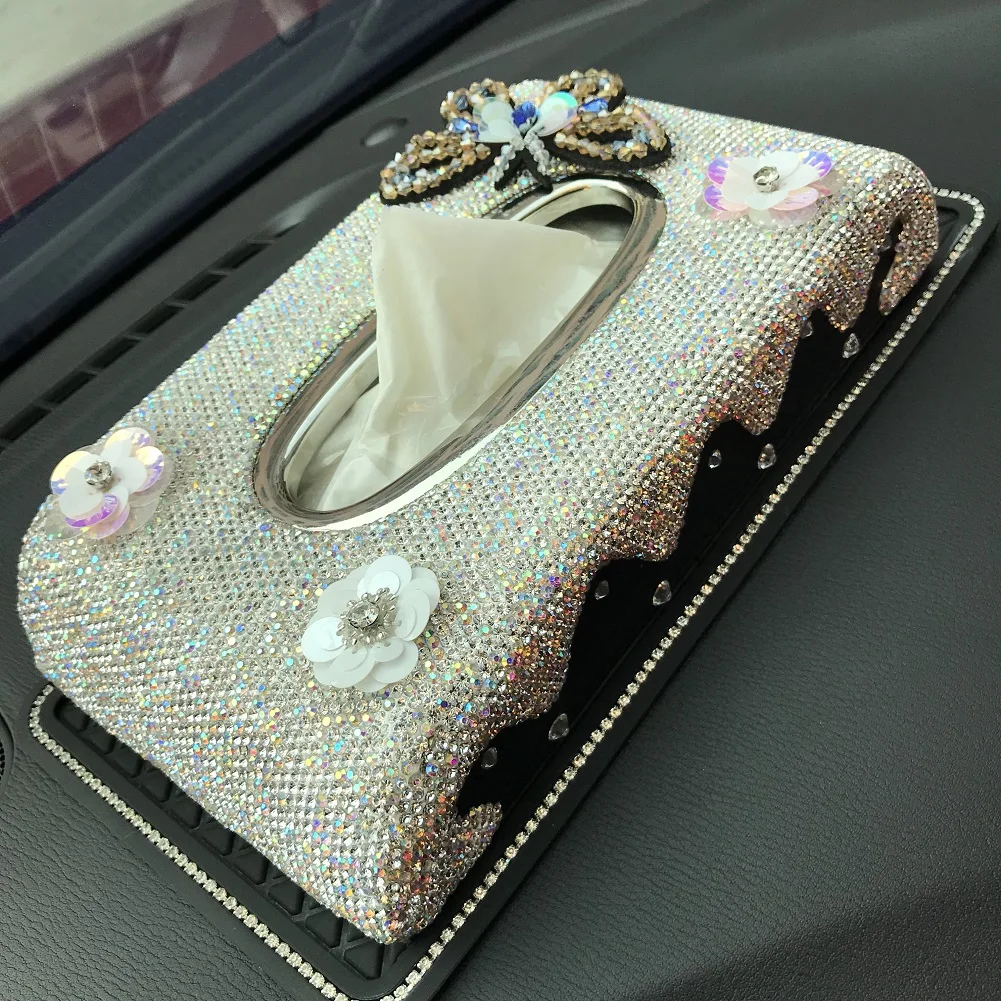 

Butterfly Flowers Car Tissue Box Block Type Luxury Auto Tissue Container Towel Paper Case with Glitter Crystals for Women Gift