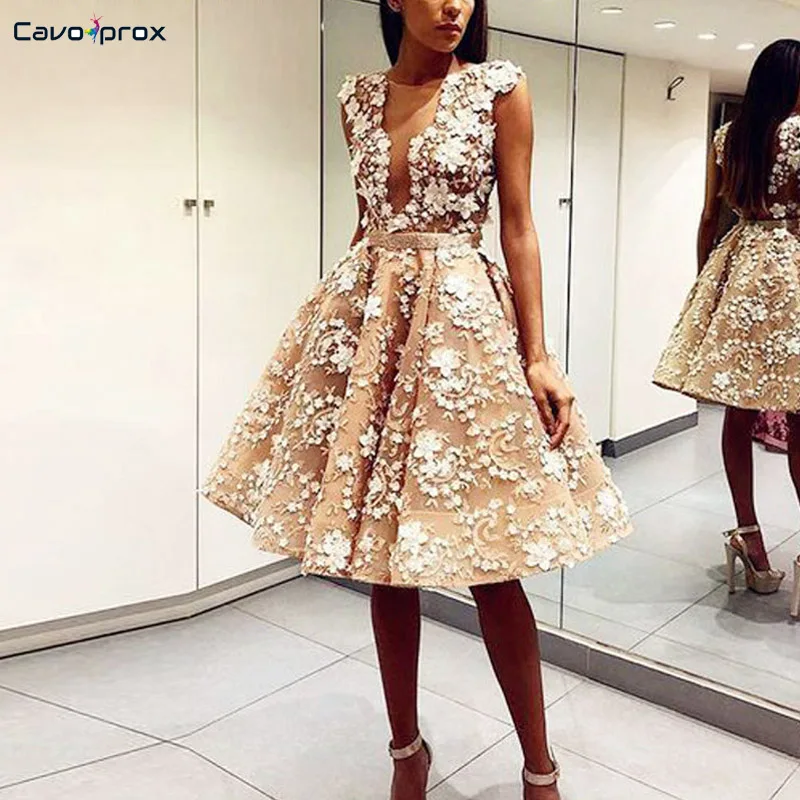 

Women Short Dresses Deep V Neck Backless Appliques Custom Skater Dress Floral Applique Embroidery Sleeveless Party Dress