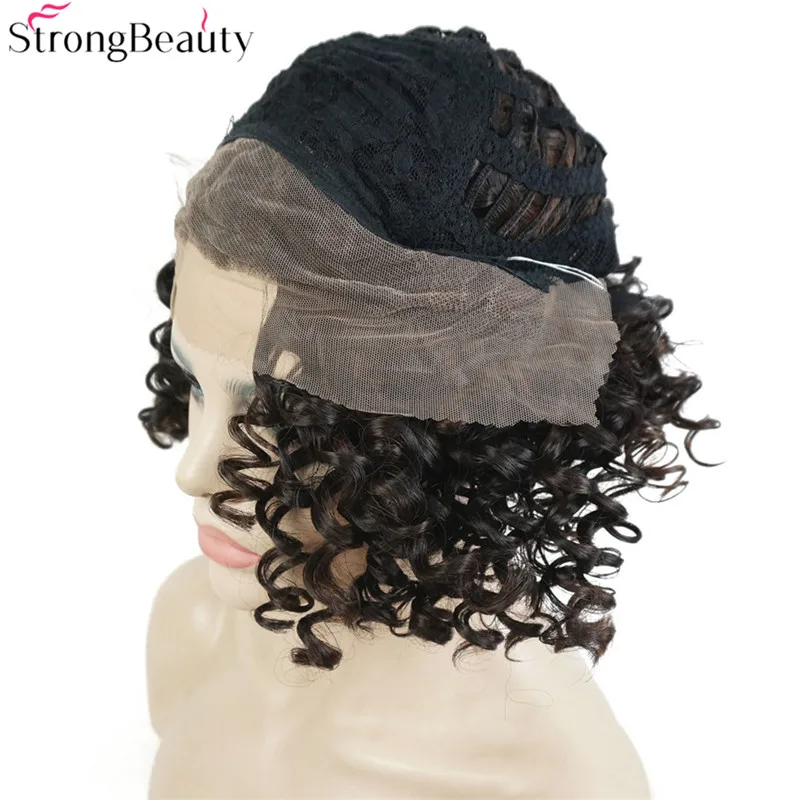 Сильный красота короткий парик фронта шнурка синтетические волосы для женщин вьющиеся темно-коричневые парики