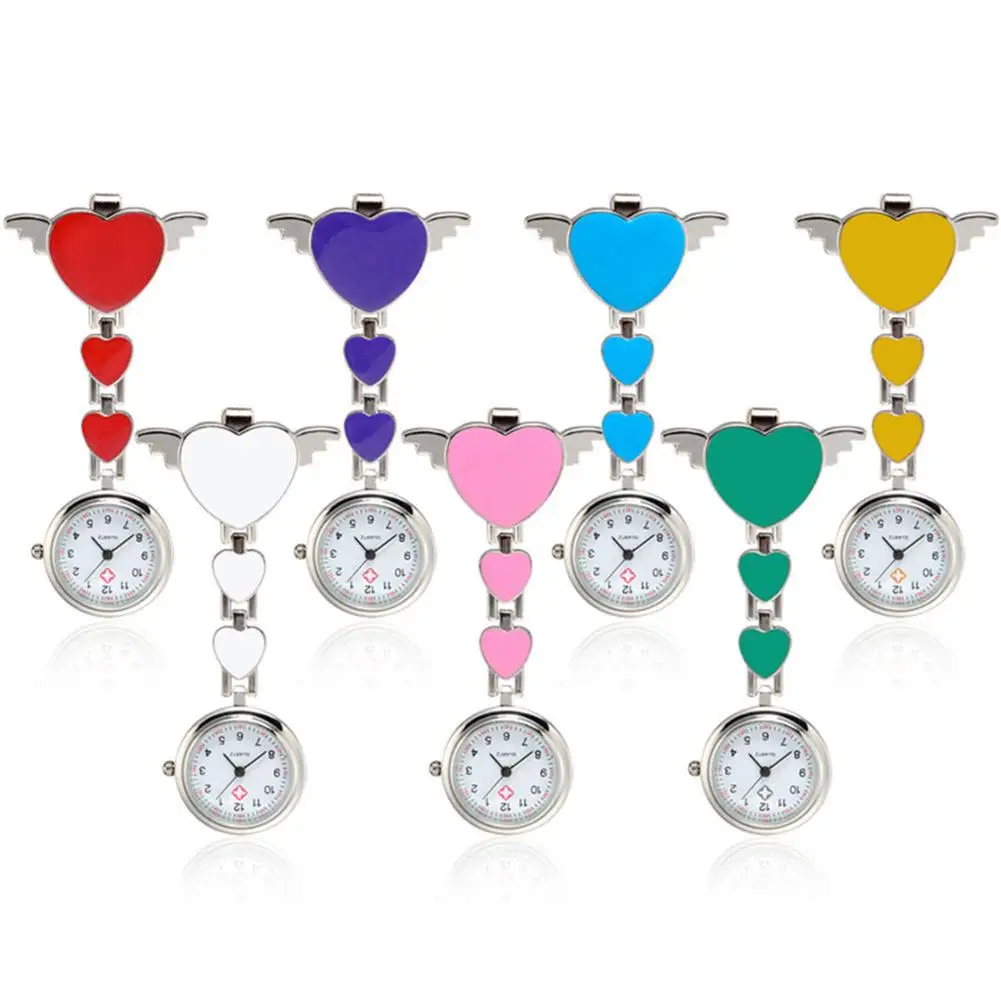 

New Women's Love Heart Wings Quartz Clip-On Fob Nurse Hanging Pocket Watch