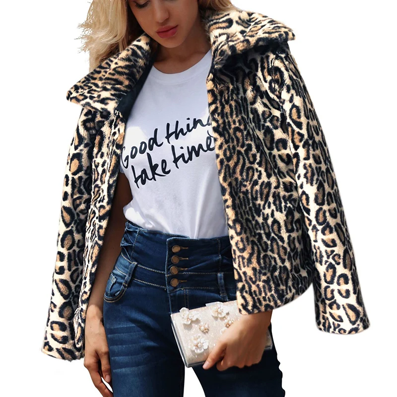 

Women's Leopard Jacket Lapel Jackets 2019 Autumn and Winter New Long Sleeve Plush Fashion Faux Fur coats Women's clothing