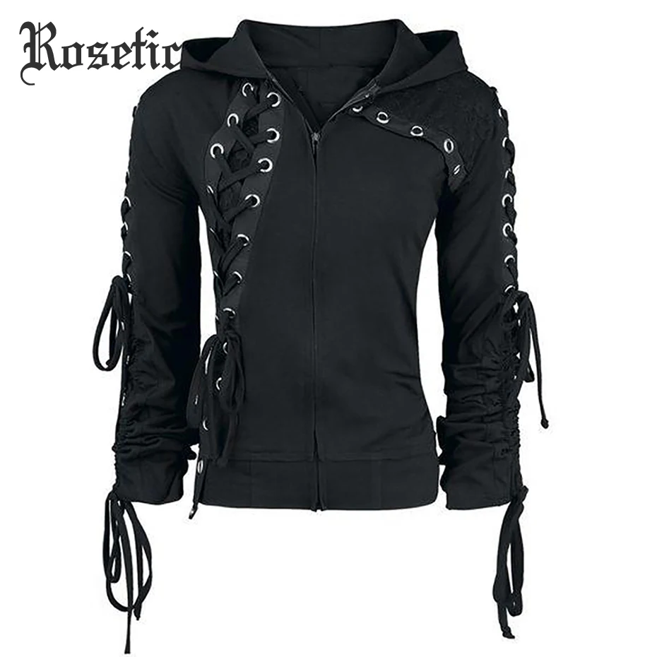  Rosetic Gothic Punk Women Hoodies Lace up Hooded Long Sleeve Casual Harajuku Darkness Autumn winter