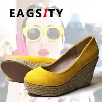 EAGSITY Faux suede pumps platform wedges shoes women high heels slip on round toe ladies shoes casual espadrilles