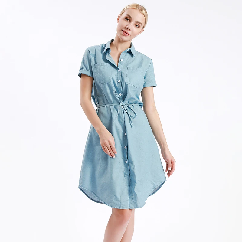 

Denim Dress Women Summer Short Sleeve Sashes Turn-down Collar Dresses Casual Loose Jeans Dress