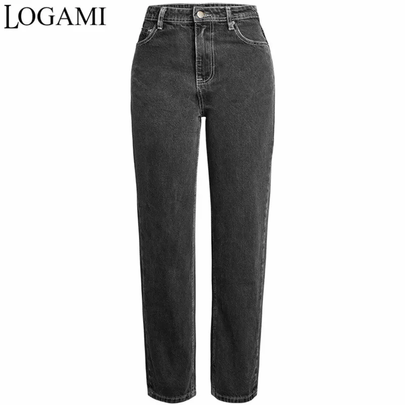 LOGAMI High Waist Straight Jeans Woman Casual Boyfriend Jeans For Women Denim Pants Dark Grey