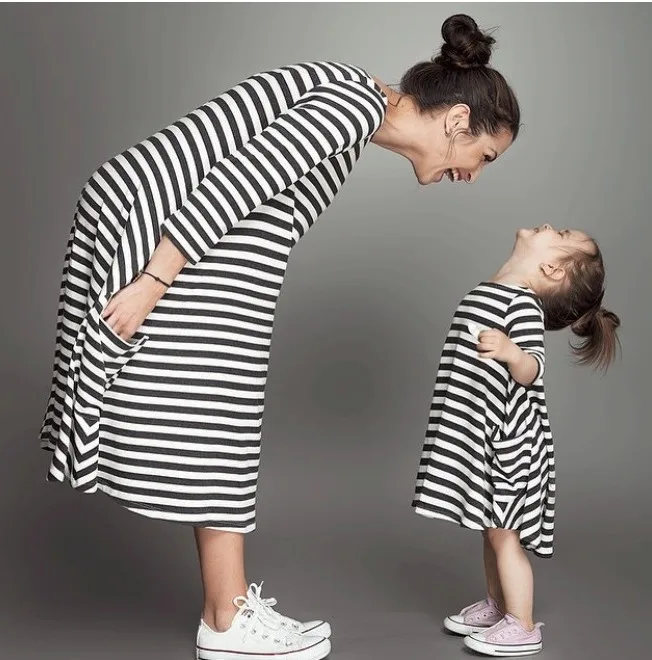 

mom and daughter dress casual stdriped nine quarter sleeve mother and daughter dresses party in Home clothes