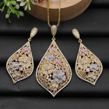 

Lanyika Jewelry Set Multi Zircon Micro Paved Flower Water Drop Necklace with Earrings for Anniversary Wedding Bridal Best Gift