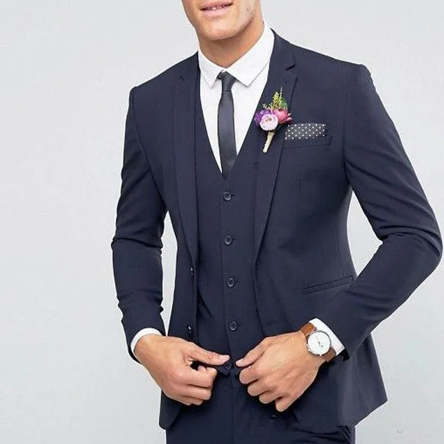 776 Handsome Custom Made Navy Blue Wedding Suits Best Man Blazer Tuxedos Groom 3 Pieces Business Men Suits Terno Masculino (Jacket+Pants+Vest )