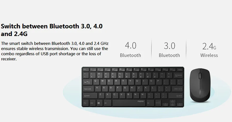 Rapoo Multi-mode Wireless Keyboard Switch Between Bluetooth& 2.4G Connect 3 Devices Silent Keypad Optical Mouse Set for Tablet