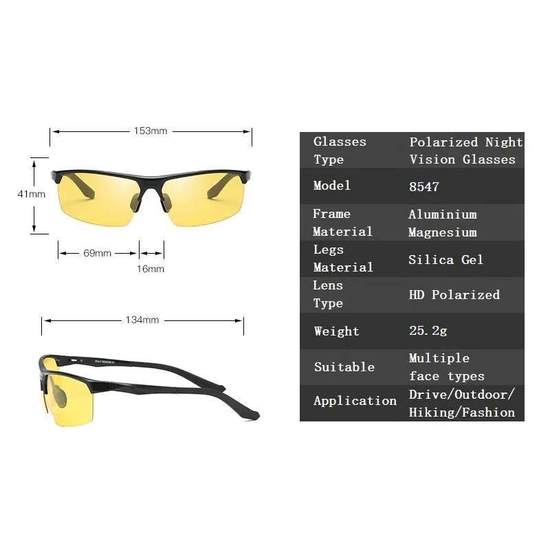 YSO очки ночного видения мужские алюминиевые магниевые поляризованные очки ночного видения для вождения автомобиля Рыбалка антибликовые 8547