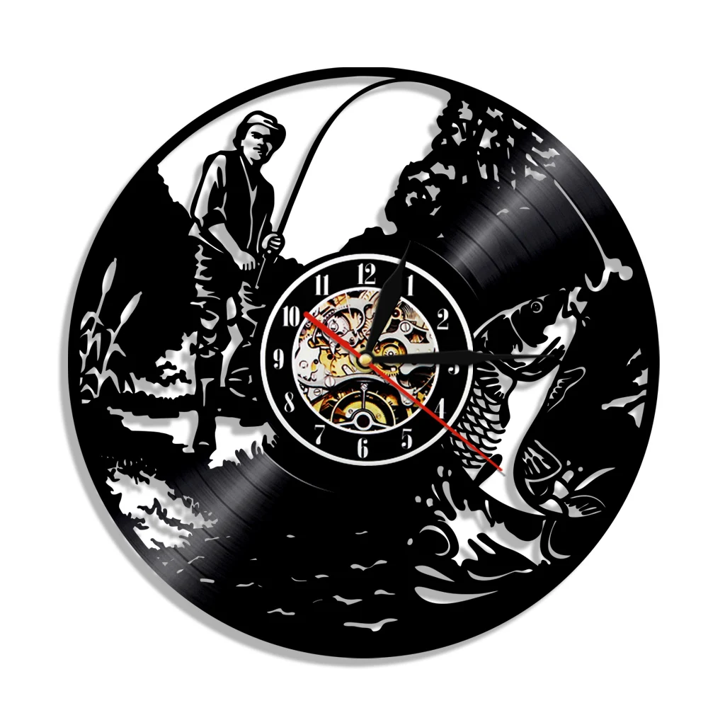 

1Piece Fishing Man Vinyl Record Wall Clock Gone Fish Led Lighting Vintage LP Home Decor Wall Art Creative Time Gift For Fishmen