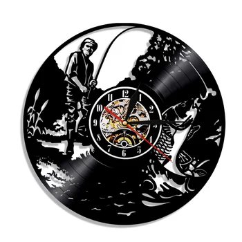 

Fishing Man Vinyl Record Wall Clock Gone Fish Led Lighting Vintage LP Home Decor Wall Art Watch Creative Time Gift For Fishmen