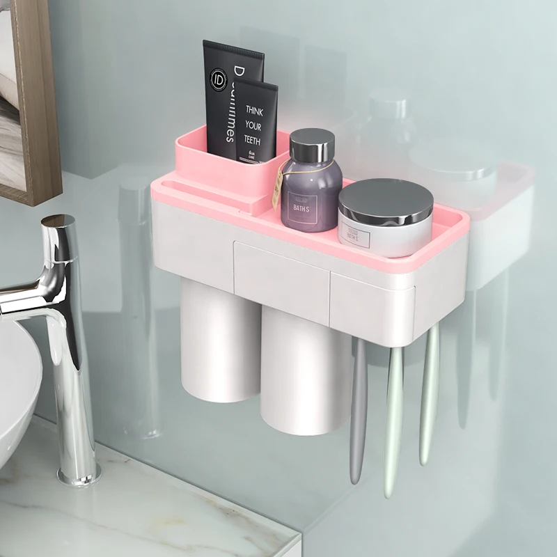 GUNOT Magnetic Adsorption Toothbrush Holder Toothpaste Dispenser Wall Mounted Storage Box Multifunction Bathroom Accessories Set - Цвет: Pink 2 Cups