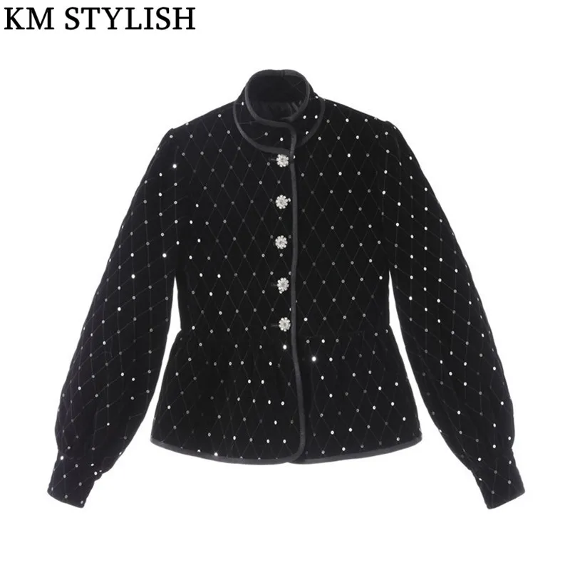 hiver 2018 Noir Manches Lanterne Sequin Sequin De Longues Plaid L'industrie Veste Velours Broderie Automne Femmes Nouveau diamond Lourde Diamant ZZfwTr5qc