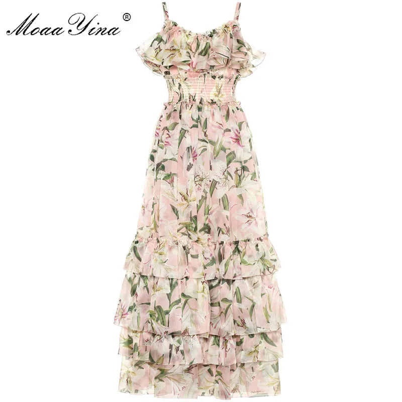 

MoaaYina Fashion Designer Runway dress Summer Women Dress Spaghetti strap lily Floral-Print Cascading Ruffle Chiffon Dresses