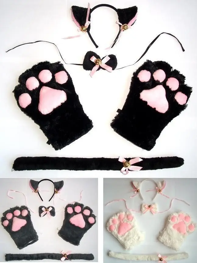 

Cat Fox Ears Tail Paws Collar Cosplay Anime Neko Costume Plush Claws Gloves Tie