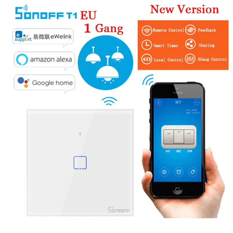 

Itead Sonoff T1 EU 1 Gang Smart Home Automation Module Wifi 433 RF Touch Switch LED Light Wall Timer Smart Switch Google Home