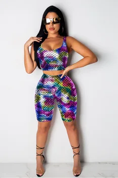 

New Women Set 2 Piece Outfits Sexy Fish Scale Printing Crop Tops and Knee Length Pants Tracksuit Clubwear Summer Style S-XXL