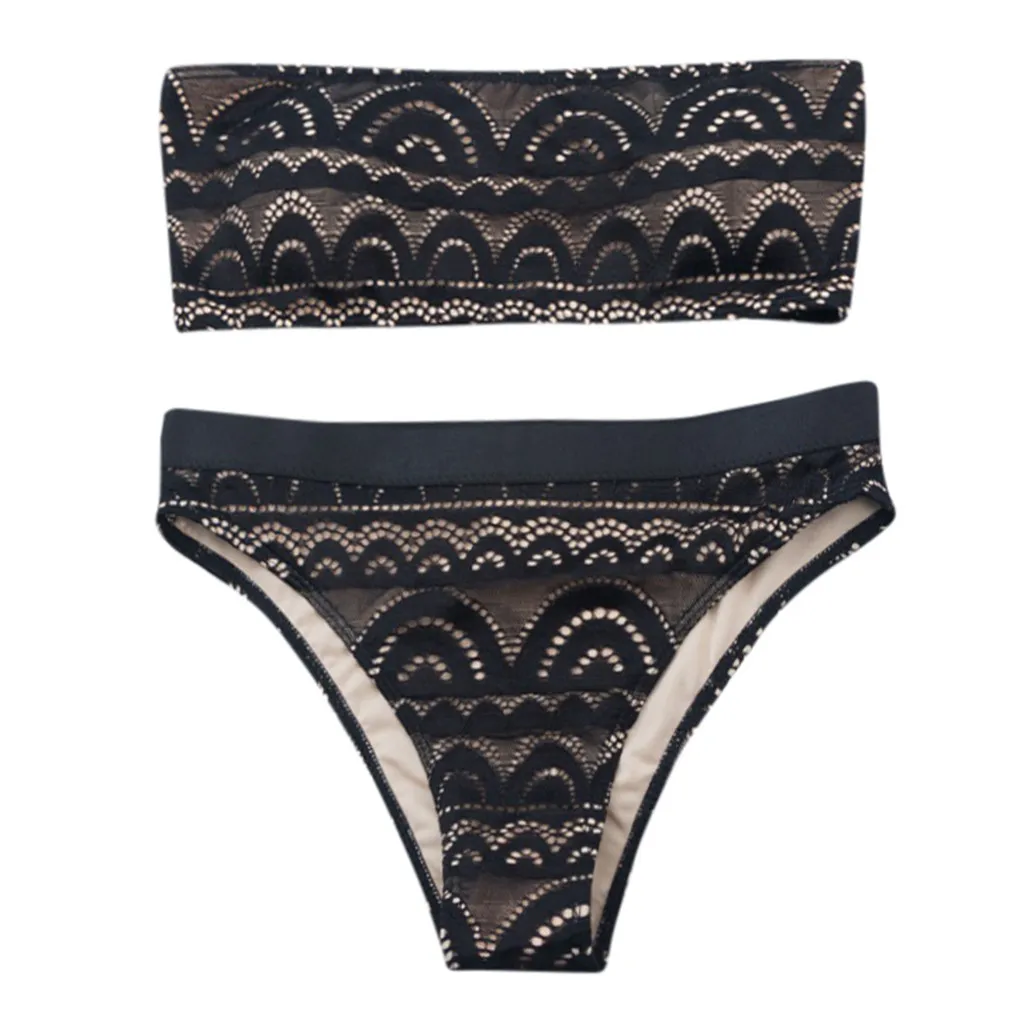 

Women Lace Hollow Siamese Bikini Swimsuit Summer Sexy Beach Bikini Set Bandeau Swimwear Girls Two Pieces Beachwear New dh155#M