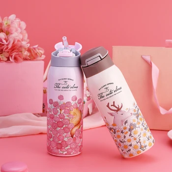 

Flower Vacuum Flasks 450ml Stainless Steel Thermos Straw Thermal Cup One Hand Touch For Lover Hiking Adult Thermos Water Tumbler