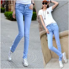 2017 Nuevos Jeans para Mujeres Moda Elasticidad Jeans Mujer Pantalones Casuales Pantalones Lápiz Cielo Azul Mujer de Cintura Alta Jeans Corea