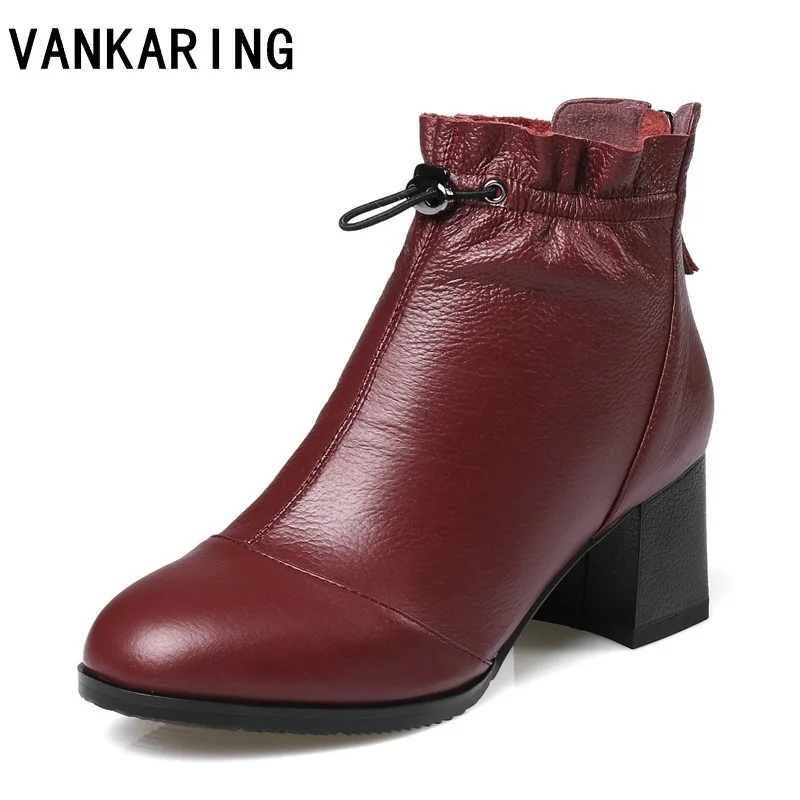 

VANKARING cheap quality autumn shoes woman ankle boots handmade full leather snow boots high heels black shoes lady riding boots