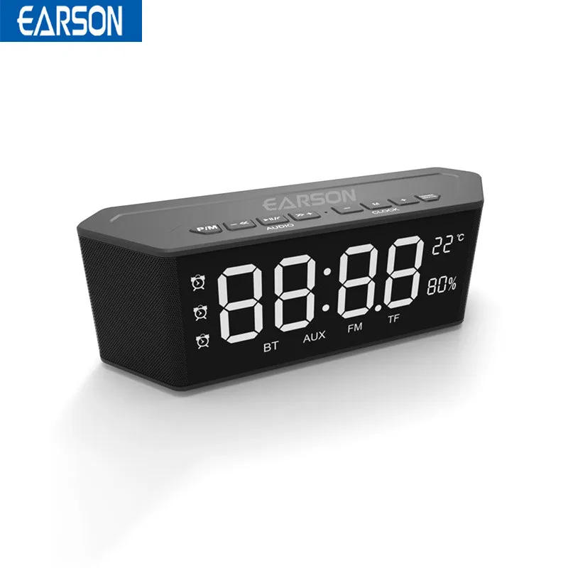 

EARSON ER910 LED Alarm Clock bluetooth Speaker Humidity and Temperature Play Radio TF Home Speaker with Mic 2200mah Subwoofer