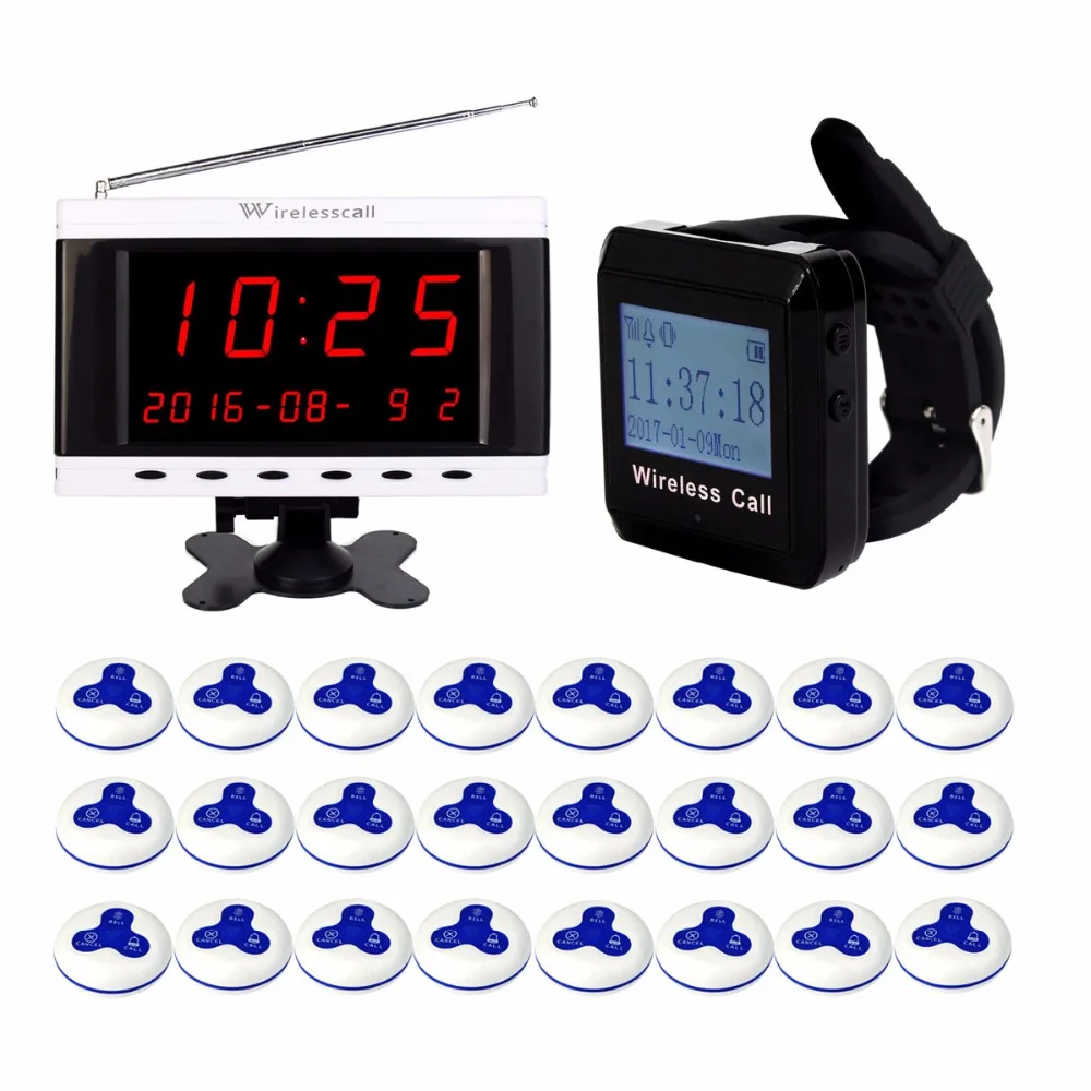 

Wireless 433MHz Waiter Service Call System Receiver Host Voice Display+Watch Receiver Host Guest +24pcs Call Transmitter Button