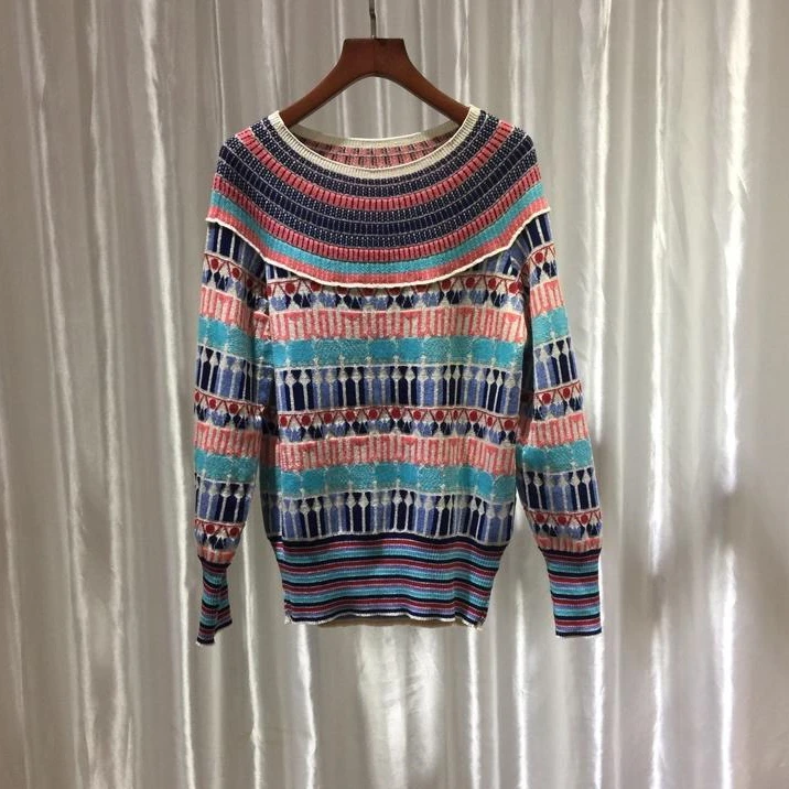 

2019 Autumn Women Sweater Gold Jacquard Antique Jacquard Knit Tops Temperament Womens Pullover Off Shoulder Sweater High Quality