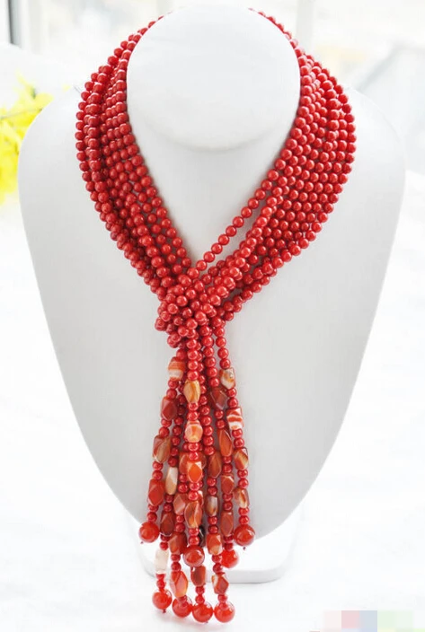 

1069 red coral agate bead necklace