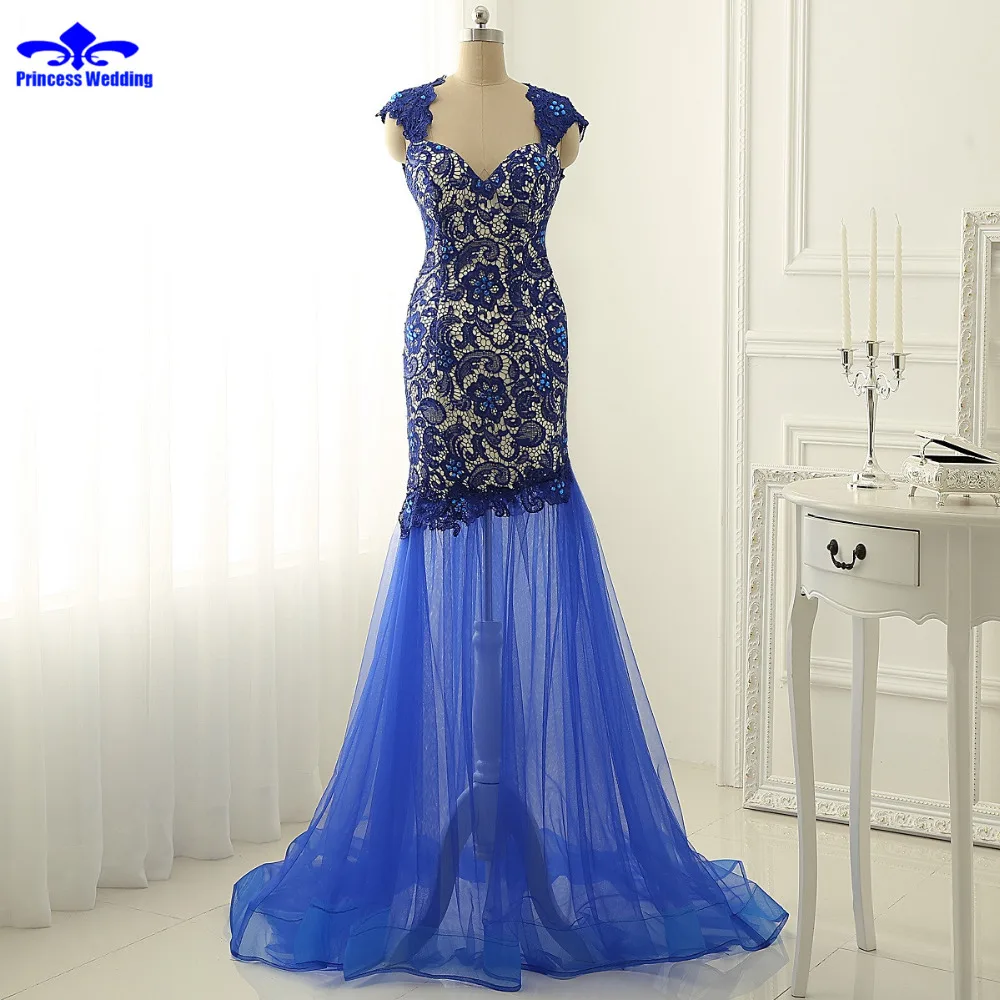 Real Picture Evening Dresses Long 2017 Royalblue Dress Formal Lace Mermaid Evening Gowns Women tulle Prom