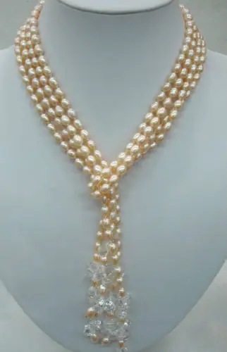 

hot sell- huij 001574 lariat necklace 2 strands pink pearls oval beads clear quartz mixed 60" -Top quality free shipping