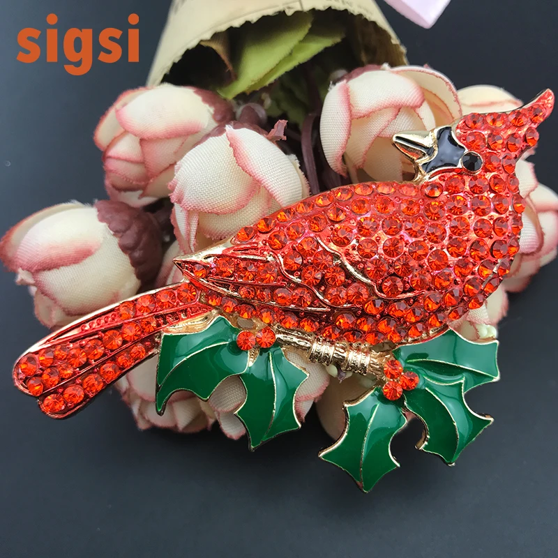 

10pcs High quality 70mm Women Gold Tone Red Parrot Bird Cardinal rhinestone brooch pin for gift/party