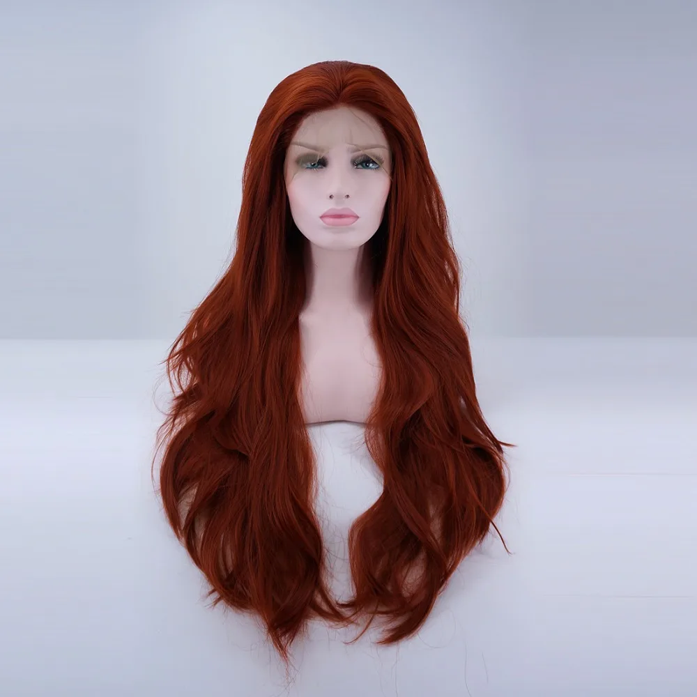 

24" Red Orange Long Wavy Natural Heat Resistant Anime Basic Lace Front Wig+Cap