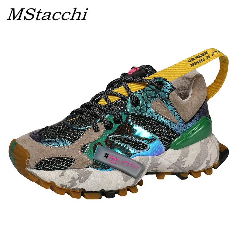 

MStacchi Women Fashion Sneakers 2019 Hot Lace-Up Mesh Mixed Colors Graffiti Height Increasing Dad Shoes Ladies Platform Sneakers