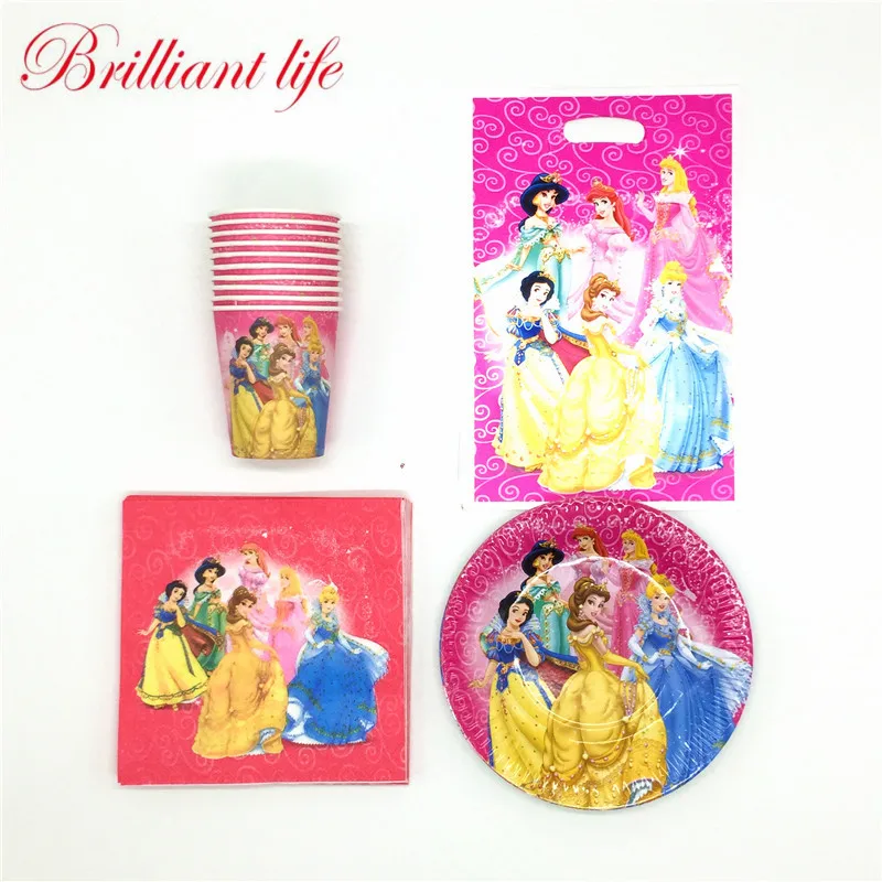 

Kids Favor Disney Six Princess Theme 50pcs/lot Girl Birthday Party Cartoon Disposable Cup Plate Napkin Paper Gift Bag Supply