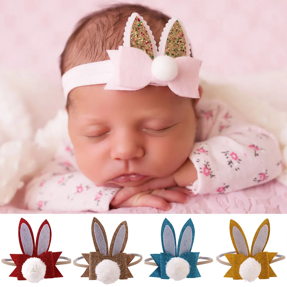 2021 Newborn Baby Headband Rabbit Ears Plush Ball Hair Bows Elastic Nylon Headbands Handmade DIY Girls bands Accessories | Аксессуары