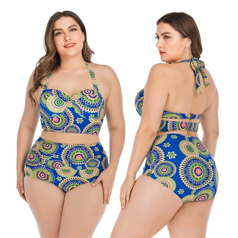 

2019 Vintage Blue Flowers Bikini Set Plus Size Big Large Cup Swimwear Women Two Pieces Floral Swimsuit Bathing Suit Biquini Mayo
