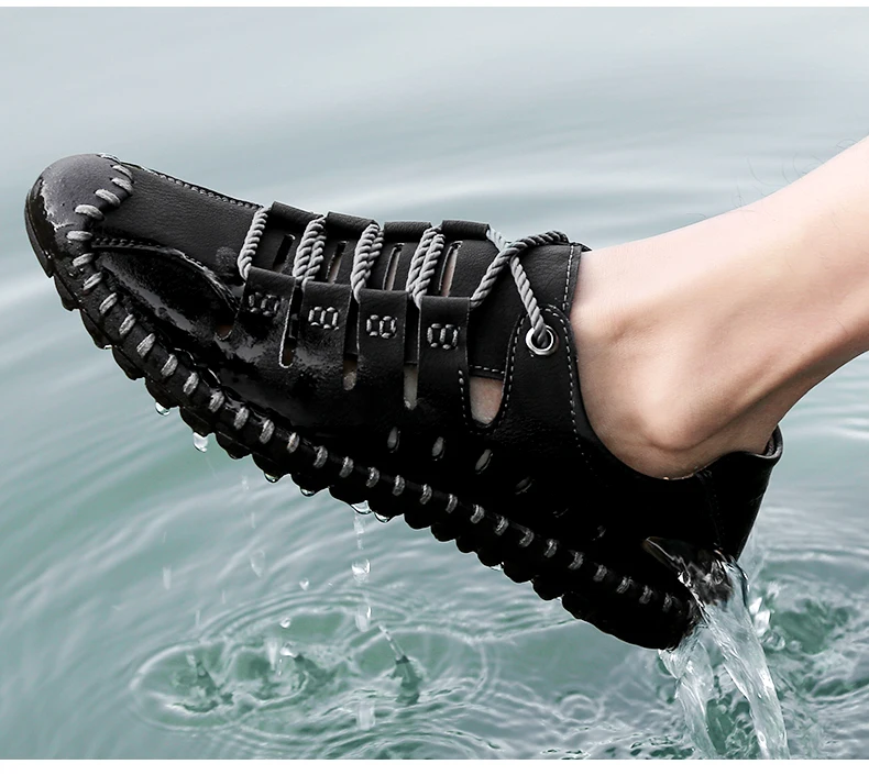 Сандалии-гладиаторы для мужчин; дышащие мужские сандалии на полой подошве; летняя повседневная мужская обувь из натуральной кожи; летняя водонепроницаемая обувь