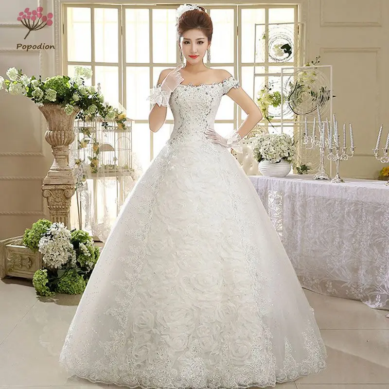 

Popodion Sexy Lace Bride Ball Gown Rhinestones Beaded Wedding Dress Women Bandage Wedding Dresses WED90140