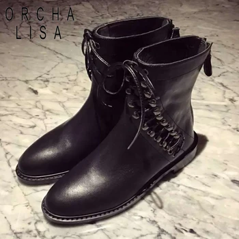 

ORCHA LISA genuine leather Motorcycle boots women cross-tied ankle boots autumn winter shoes woman botas mujer C926