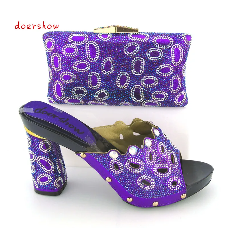 

doershow Italian Shoe With Matching Bag For Party purple Stones Wedding Shoes And Bag Set High Quality Women Pumps ! bb1-22