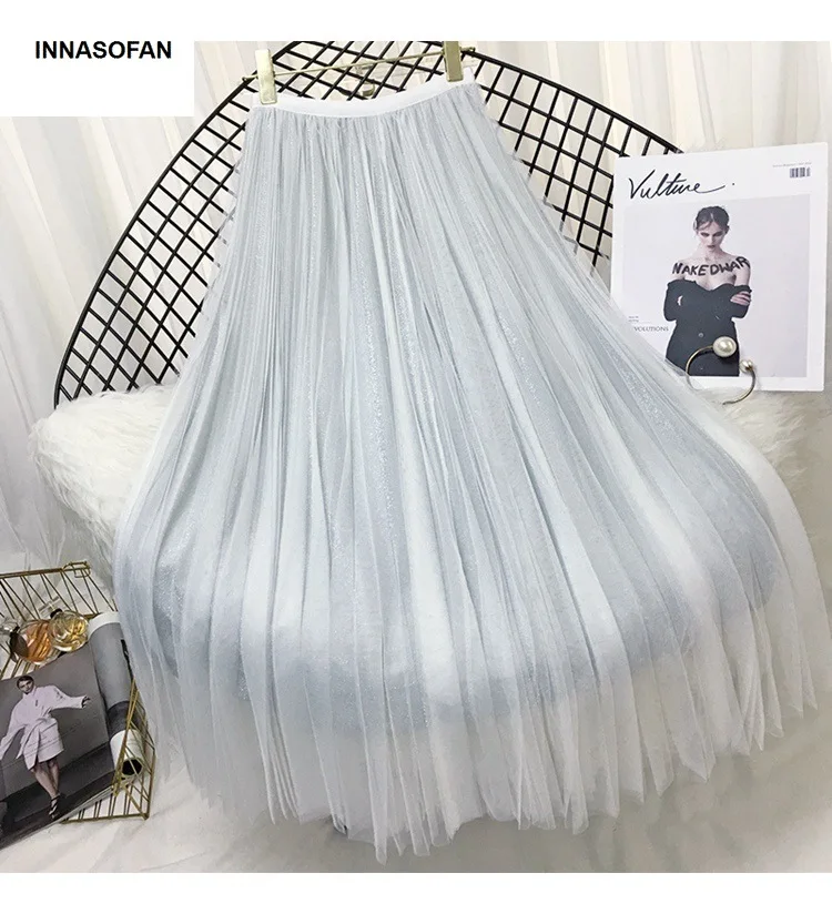 INNASOFAN юбка из тюля для женщин весна-лето Великолепная плиссированная юбка высокая талия Евро-американская мода длинная шикарная юбка