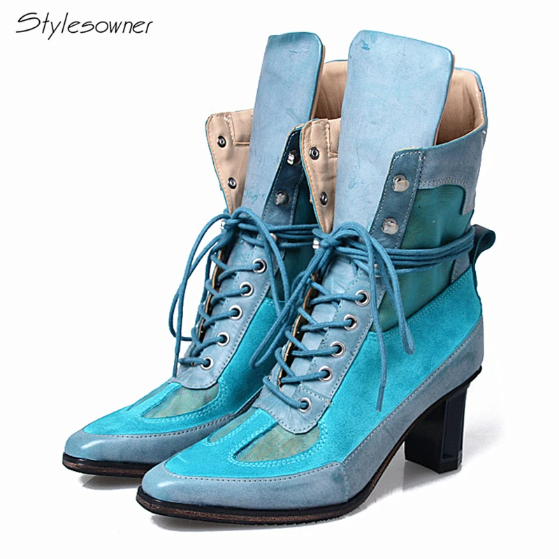 

Stylesowner 2018 Winter Lace Up Motorcycle Boot Women Patchwork Flock High Heels Boot Real Leather Warm Comfortable Martin Boots