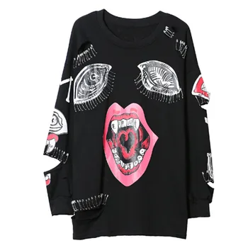 

2016 Fashion Punk Style Women Hole Pins Hoodes Long Sleeve Lips Pattern Women Black Harajuku Oversize Sweatshirt Tops For Women