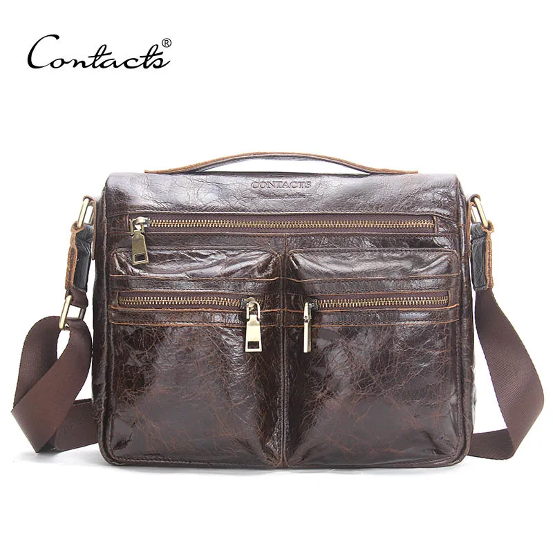 

CONTACT'S Brand 2017 Hot Genuine Crazy Horse Cowhide Leather Men Messenger Bag High Quality Shoulder Bag For Vintage Travel Bag