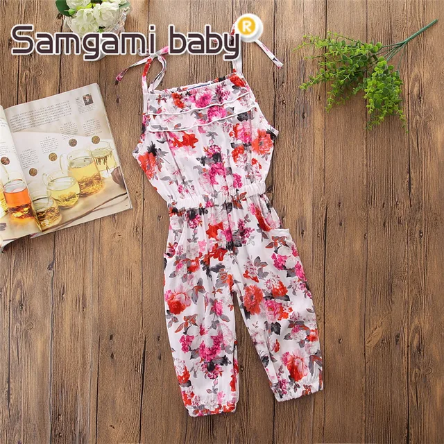 SAMGAMI BABY Condole Belt Pants Summer Beach Party Floral Print Lace-up Girls Jumpsuit Outfit Ruffle Cotton Rompers One-pieces