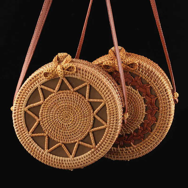 

Vintage Handmade Rattan Round Straw Bags Women Summer Rattan Bag Handmade Woven Beach Cross Body Bag Circle Bohemia Handbag Bali