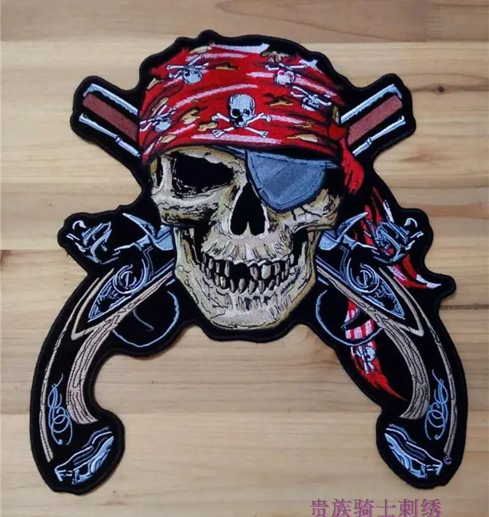 

12.8'' inches large Embroidery twill Biker Patches Pirate Skull Double Guns for Jacket Back Motorcycle